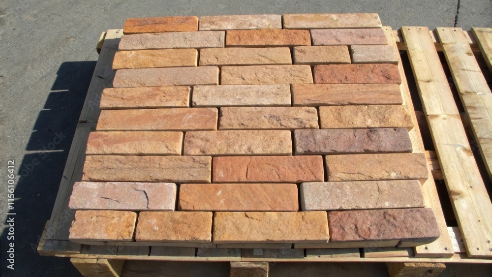 Poster An overhead shot of brick veneer stacked on a wooden pallet the natural grain of the wood contrasting with the rough surface of the bricks creating an inviting warm palette.