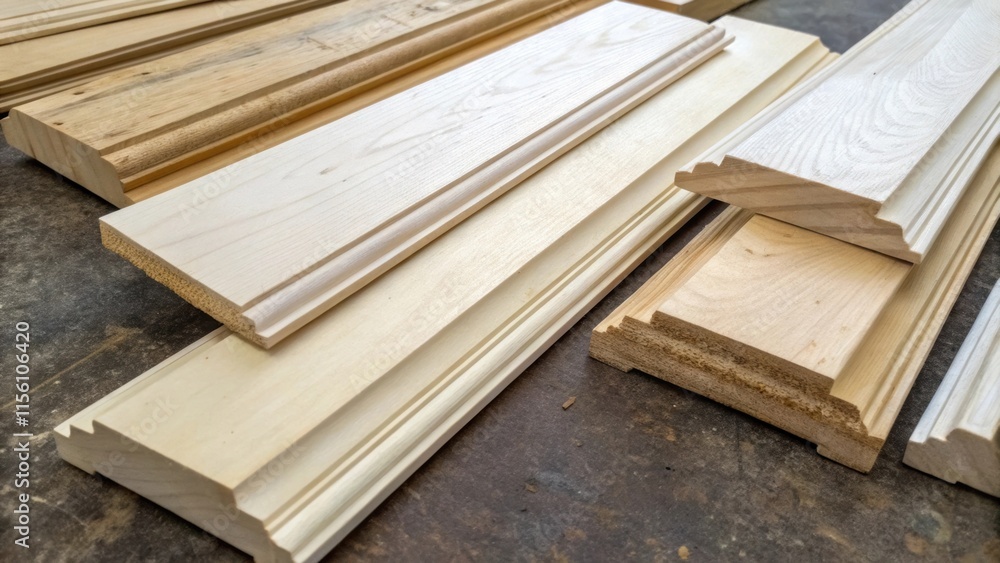 Poster An overhead shot of multiple wooden baseboards lying in a disarray showcasing the smooth unfinished surfaces each one reflecting a slightly different shade of cream.