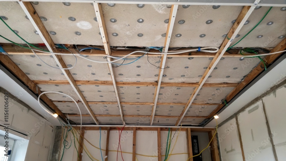 Poster an overhead shot of a ceiling with patches of exposed insulation and jumbled wiring showcasing the r