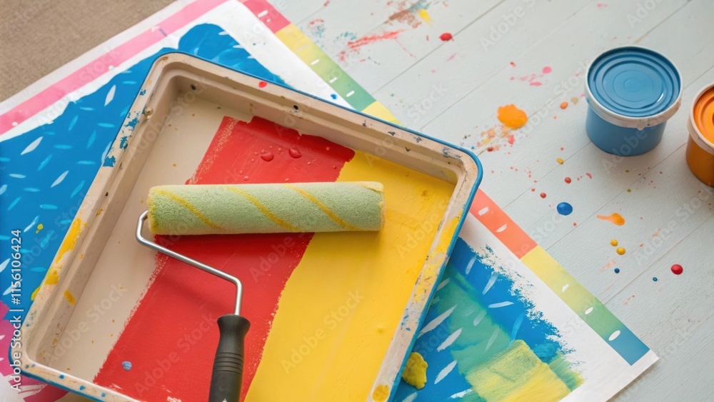 Aufkleber an overhead shot of a paint roller resting on a paint tray surrounded by freshly taped edges creatin