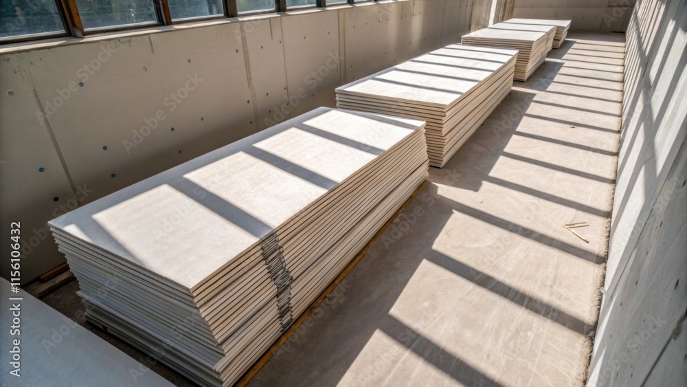 Poster An overhead perspective showcasing a series of drywall sheets stacked in a row revealing the interplay of light and shadow across their surfaces in an otherwise featureless room.