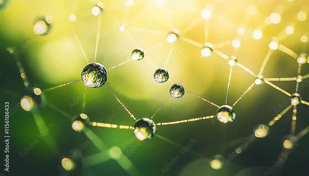 Wall mural a close-up photograph of a delicate spider web glistening with dewdrops. each drop refracts the ligh