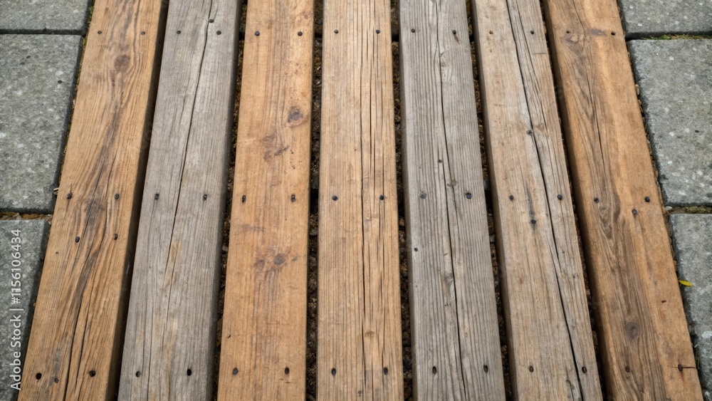 Aufkleber An overhead perspective capturing a perfectly aligned row of wood planks their edges sharply defined against the rough surface of the floor.