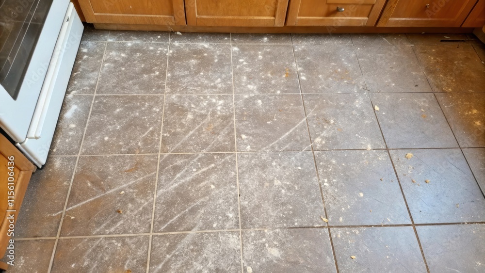 Poster an overhead perspective of the kitchen floor showing a chaotic pattern of old glue stains dust parti