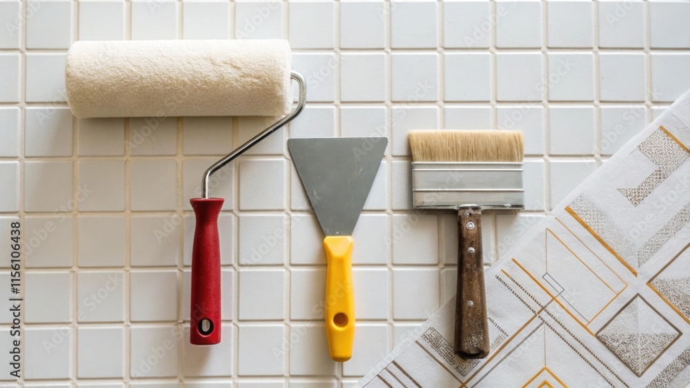 Poster an overhead shot of a wall with small tools laid out - a roller brush and spatula - each positioned 