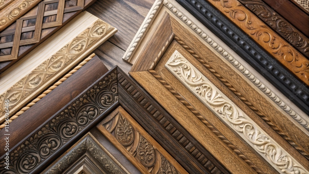 Poster an overhead perspective of an array of wooden trim elements featuring a variety of patterns and styl