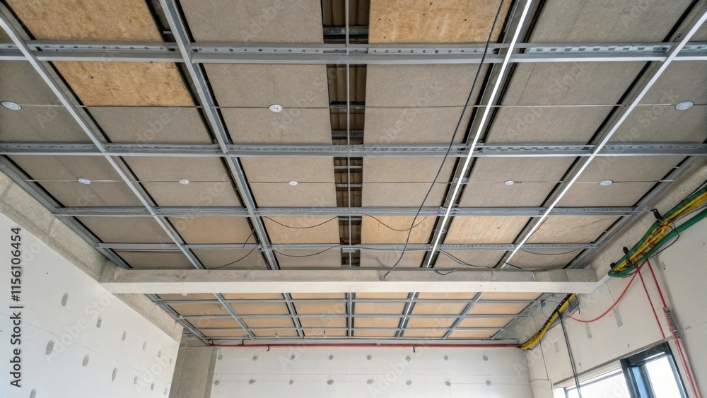 Poster an overhead shot capturing an unfinished section of the ceiling where the acoustic panels intersect 