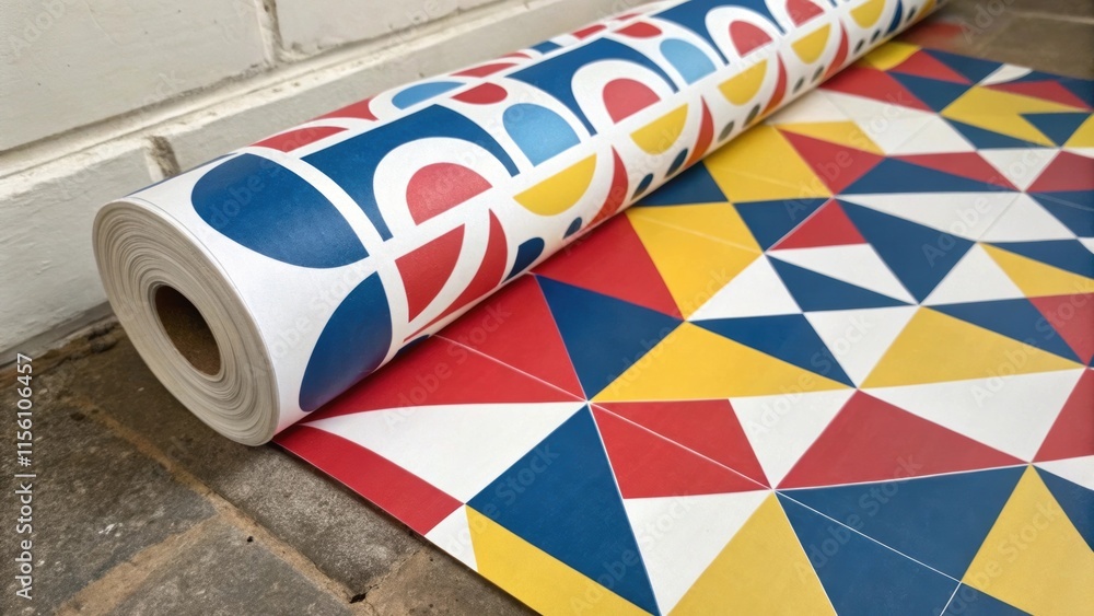 Poster an overhead angle captures a multifaceted wallpaper roll with geometric designs in bold primary colo