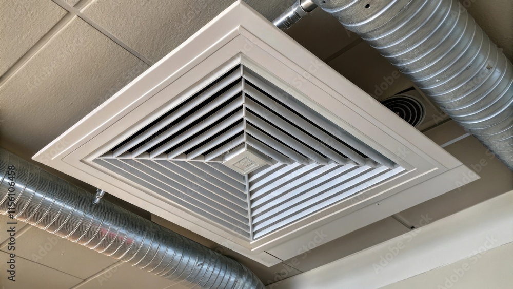Poster an overhead shot capturing the intricate details of a newly installed heating vent with subtle groov