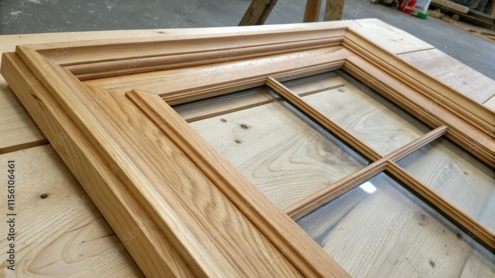 Poster An overhead closeup of an unfinished window frame the raw wood inviting to touch decorated with smooth elegant seals that enhance its modern appeal.