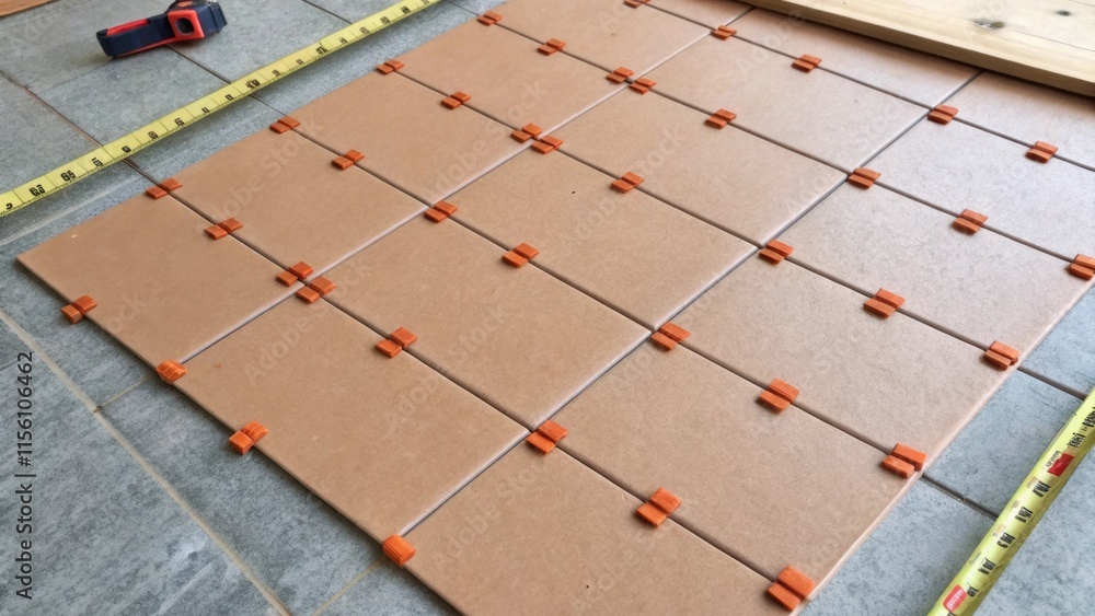 Poster An overhead perspective of tered tile spacers over a gray linoleum surface with a glimpse of a tape measure in the background hinting at ongoing renovations.