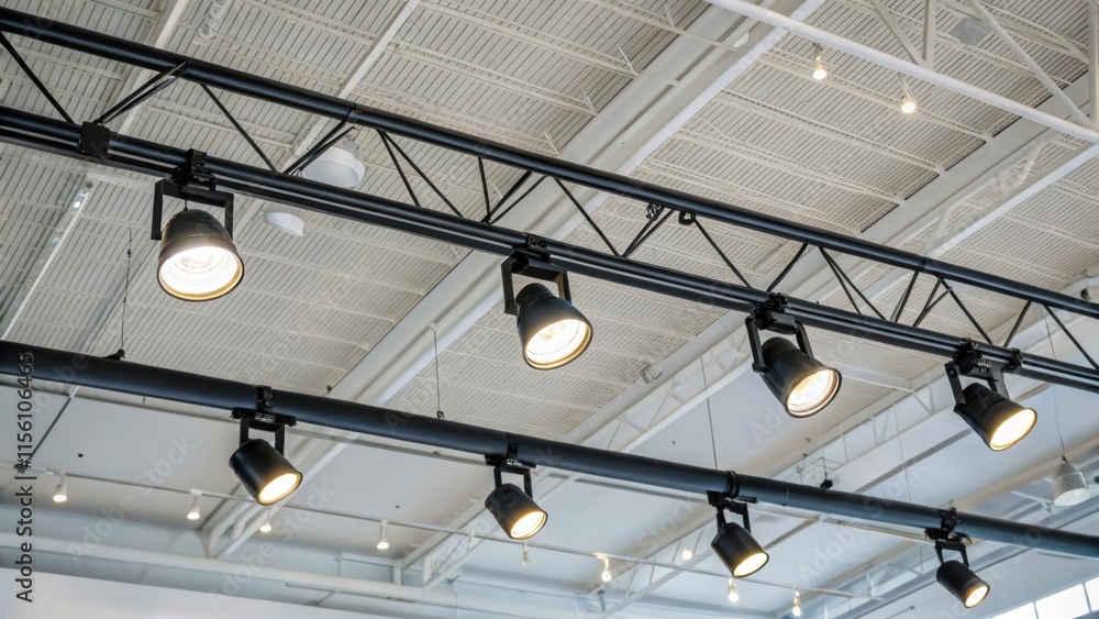 Poster An overhead detail shot captures the contrast of raw metal track lights against a white textured ceiling with the fixtures creating soft pools of light on the floor below.