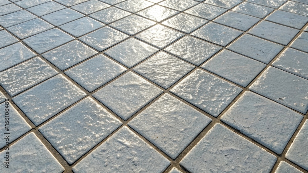 Poster an overhead angle highlighting the textured surface of the tiles with their reflective sheen catchin