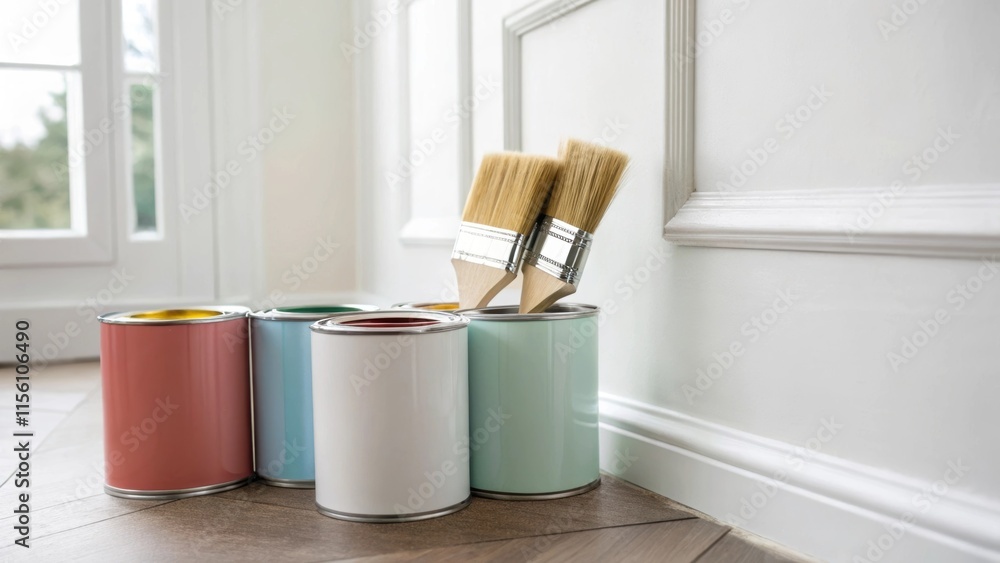 Poster An inviting corner bathed in soft light showcases a group of standing paint cans with a couple of brushes snuggled in a them. The scene emanates a feeling of excitement a promise