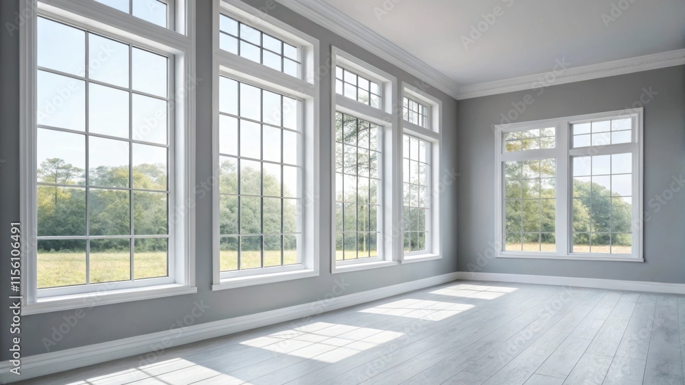 Aufkleber An open inviting space with large rectangular windows that dominate the wall. The pale gray walls create a calming atmosphere and the floor complements the modern aesthetic free