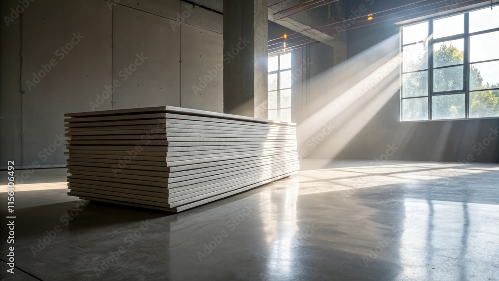 Aufkleber An organized arrangement of drywall sheets resting on a polished concrete floor with dust motes dancing in the shaft of sunlight filtering in.