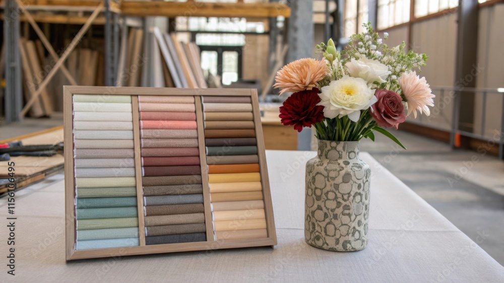 Poster an organized arrangement of sample swatches featuring fabric and wallpaper flanked by a few fresh fl