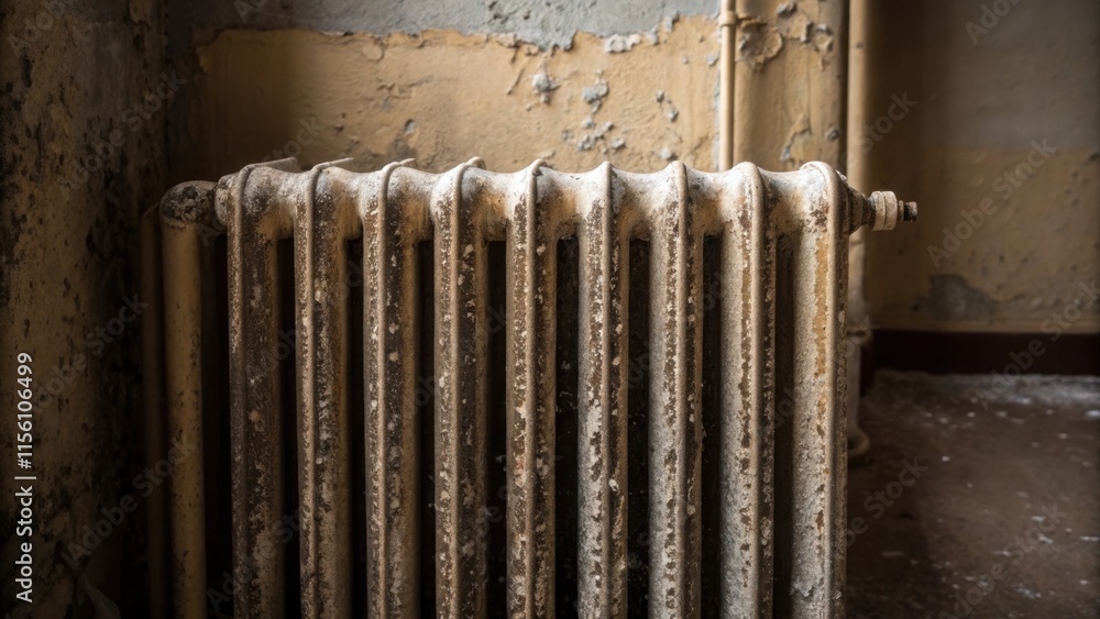 Poster an old radiator with a layer of grime its surface coated in dust pipes running against the wall show