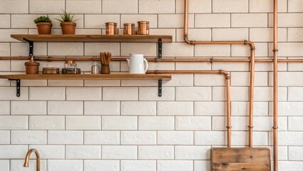 An overhead shot of exposed copper plumbing running along the wall contrast against whitewashed bricks with small wooden shelves adorned with rustic kitchen tools.