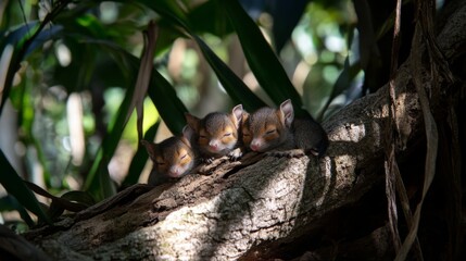 Obraz premium Adorable Baby Squirrels Nestled Together in Sleep Underneath Lush Foliage in a Tropical Forest Environment, Capturing the Essence of Wildlife Calmness and Serenity