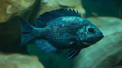 Fototapeta premium A Vibrant Fish Swimming Gracefully Through Clear Water Surrounded by Natural Rock Formation, Displaying Intricate Patterns and Rich Textures in an Aquatic Habitat