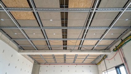 An overhead shot capturing an unfinished section of the ceiling where the acoustic panels intersect revealing utility wiring and the stark contrast of unfinished drywall.