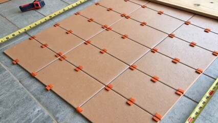An overhead perspective of tered tile spacers over a gray linoleum surface with a glimpse of a tape measure in the background hinting at ongoing renovations.