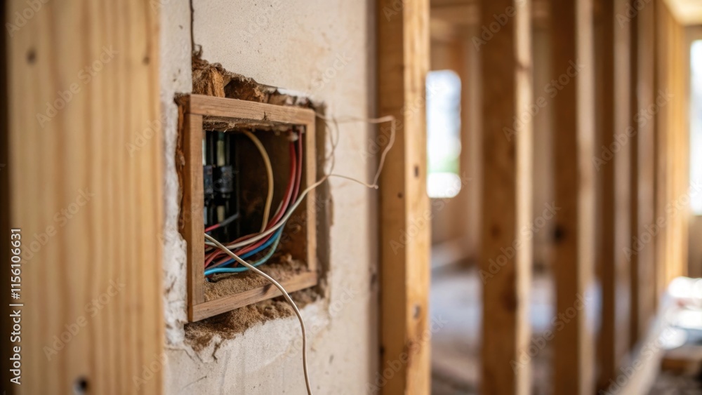 Poster An intimate view of a wall patch with a small section away illustrating a mix of wood framing and chaotic wires drenched in soft natural light.