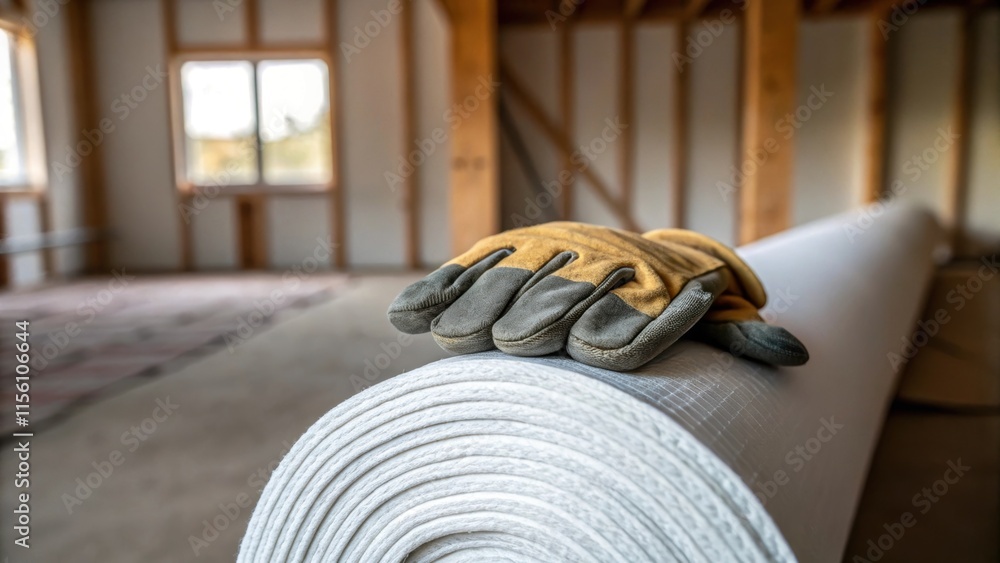 Fototapete an intimate closeup of a workers gloves resting atop a roll of insulation suggesting that progress i