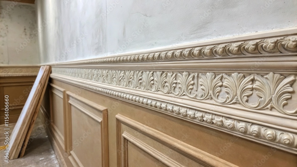Poster an intimate look at half of the molding applied to a wall with one side still and waiting for finish