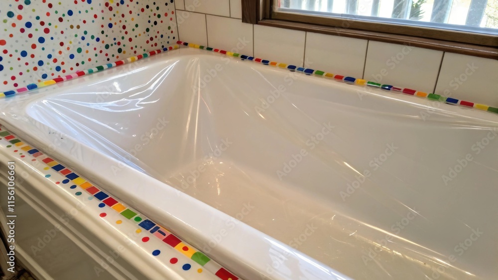 Poster an intimate look at the smooth rim of a glossy bathtub protected by clear film that captures ambient