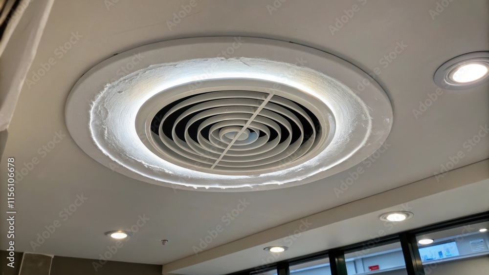 Poster an interior shot focuses on a round stylish air conditioning vent its surface gleaming under an over