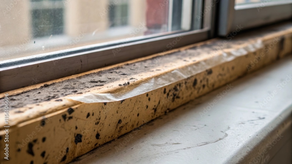 Poster an intimate closeup of a window ledge showcasing its aged imperfections featuring splinters and dark