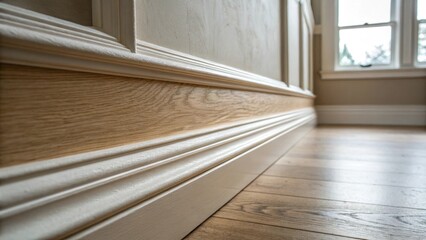 An intimate view capturing the grainy texture of the moldings resting against the wall the faint scent of fresh wood still lingering as natural light fills the corner.