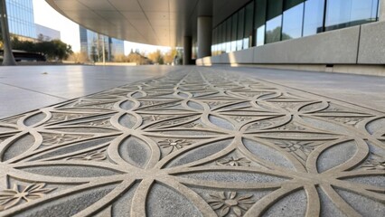 An intricate design of geometric shapes is etched into the concrete surface offering a unique artistic touch amidst the sleek and polished surroundings.