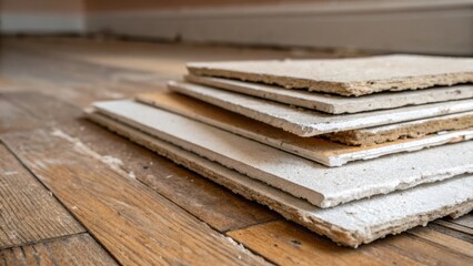 An intimate shot emphasizing the layers of drywall scrap in varying sizes each capturing the light differently resting on an aged hardwood floor.