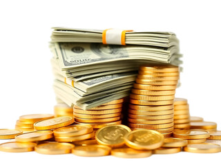 Piles money gold coins of gleaming with isolated against transparent background. Banking and financial concept