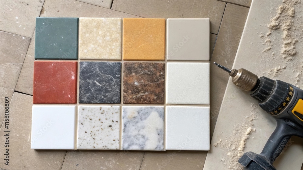 Aufkleber An image focusing on a square of tile samples lying next to a dusty screwdriver reflecting a mix of colors and textures hinting at the design choices still to come in the