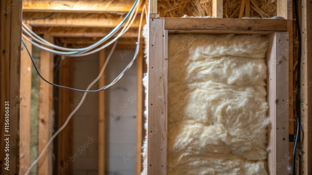 Aufkleber an image focused on the insulation peeking through the rough opening highlighting the fluffy texture