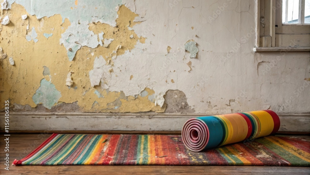 Aufkleber an image portraying a wall with peeling paint juxtaposed against a colorful rolledup rug p haphazard