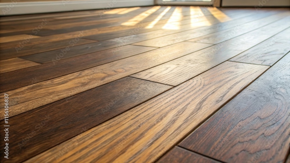 Aufkleber An image highlighting a section of laminate flooring adorned with a faux wood pattern showing signs of sun fading along the edges and corners where it once met the sunlight.