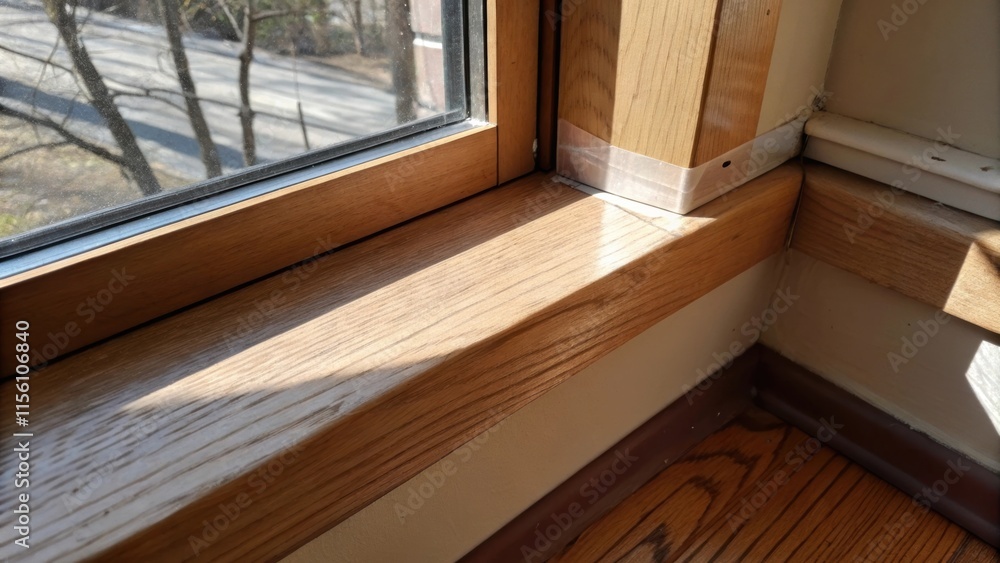 Poster an image depicting the corner of a window ledge where the protective tape has been applied. light ca