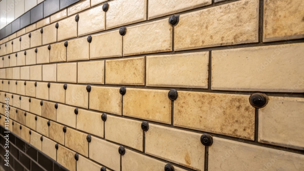 Aufkleber An image capturing the slightly uneven but dynamic installation of rustic subway tiles with dark spacers that draw attention to the imperfect but charming character of the area.