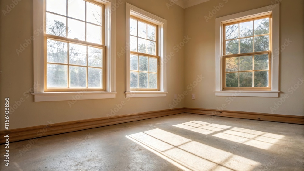 Poster An image focused on the corner where two windows meet showcasing clean angles and the natural light pouring in creating a warm glow on the unfinished floor space.