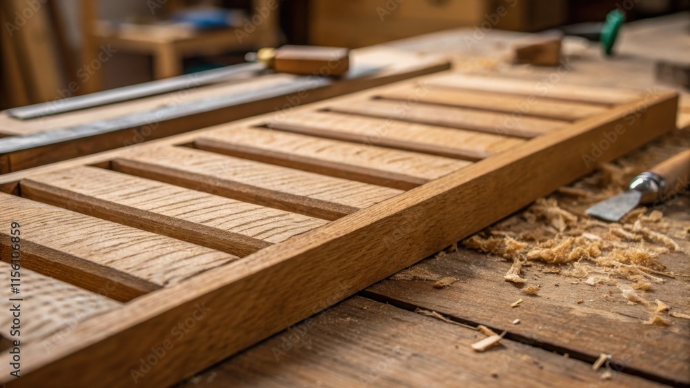 Poster an image focusing on the craftsmanship of hand wooden slats with splinters and tool markings visible