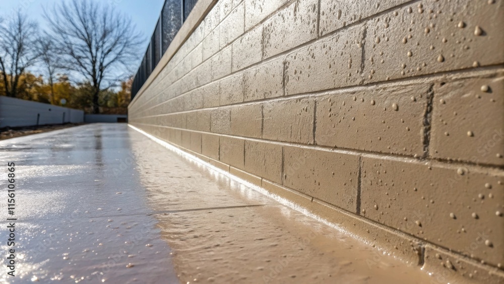 Poster An image capturing the rich texture of the waterproof membrane applied on the wall with soft shadows playing across its surface emphasizing its durability.
