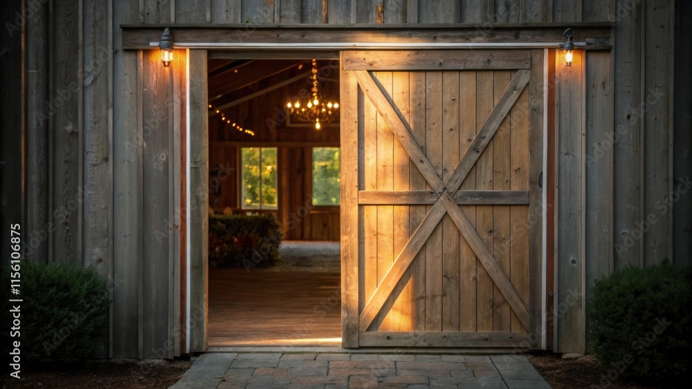 Aufkleber An image capturing the barn door partially ajar creating a peek into the inviting interior space with light spilling out and illuminating the doors contours.