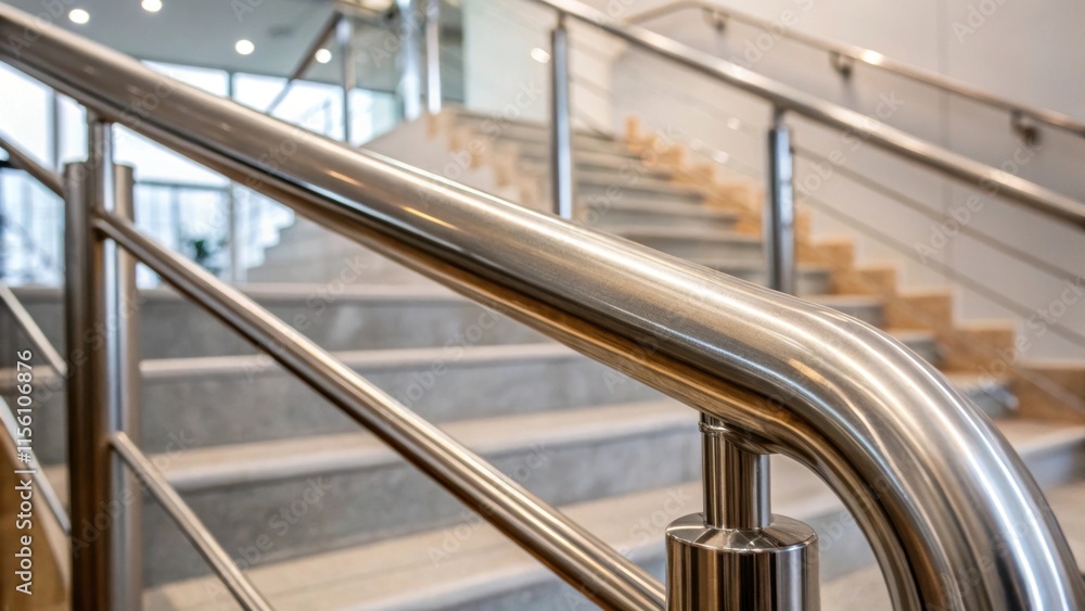 Fototapete An image capturing the detailed texture of a new brushed metal railing section reflecting soft light and showcasing its sleek curves and straight lines ready for installation