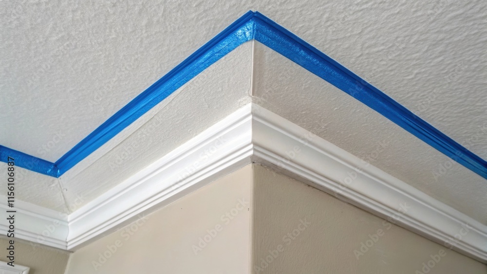 Poster An image capturing a ceiling corner highlighting the stark contrast between the glossy white paint and the carefully applied blue painters tape perfectly aligned along the seam.