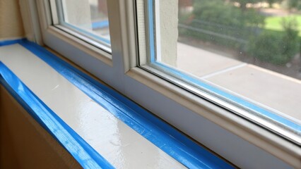 Obraz premium An image featuring a painters tape firmly pressed along the edges of the window frame preparing for sealant application illustrated with just the right amount of light reflecting